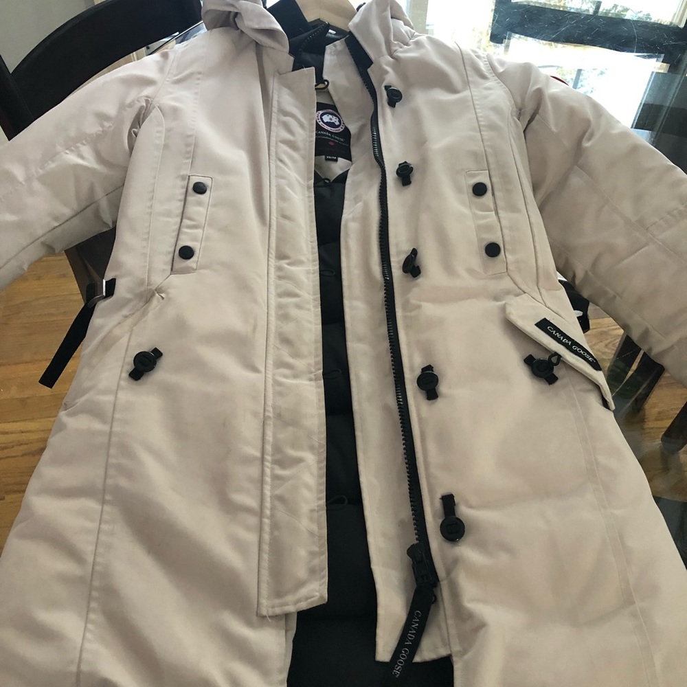 Authentic Canada goose coat, very light cream color, no fur lined hood